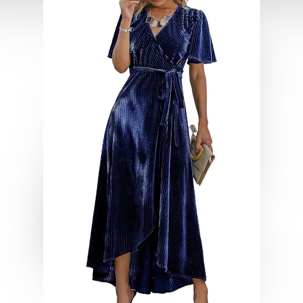 Elegant Blue Velvet Wrap Dress